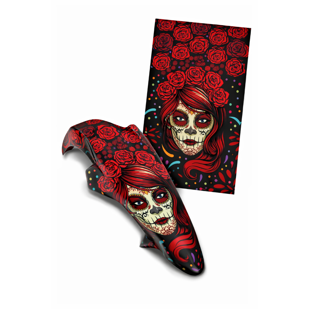 Adesivo Paralama Moto Caveira Mexicana Rosas Vermelhas 022