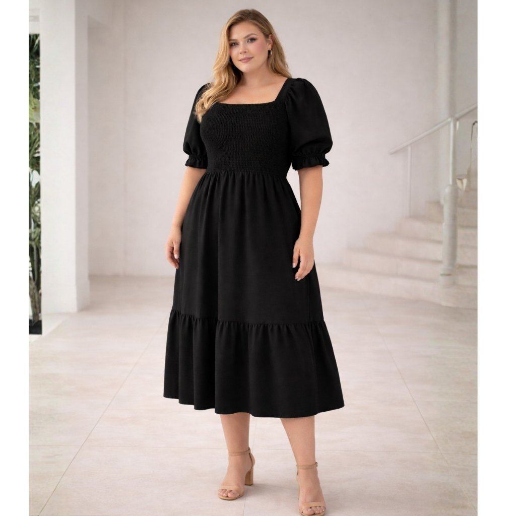 Vestido Midi Godê Plus Size Elegante Moda Modesta Casual Tendência Acinturado Manga Princesa Rodado Ajustável