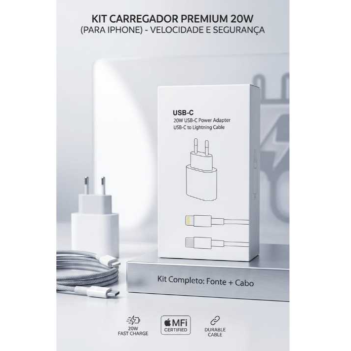 ​Carregador Turbo 20W USB-C + Cabo Lightning Para iPhone 11 12 13 14 15 Pro Max XR - Carga Rápida