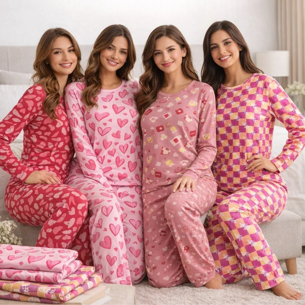 Pijama Longo Feminino Adulto Estampado de Frio Estampado Confortável Inverno Manga Comprida