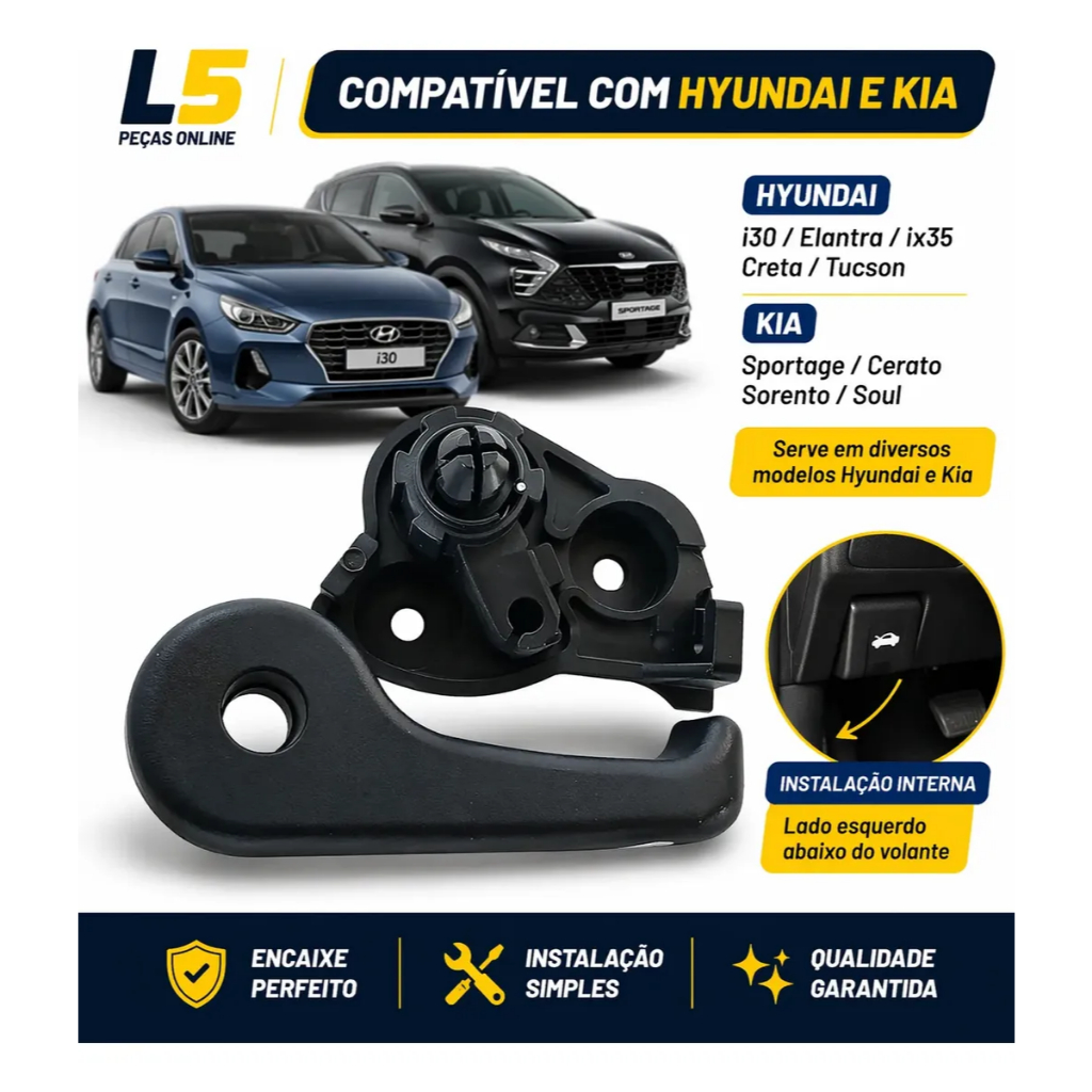 Alavanca Puxador Capô com Suporte HYUNDAI KIA Cerato i30 Creta Tucson Soul Sportage Sorento