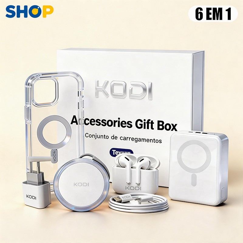 Kit 6 em 1 para iPhone | Carregador Indução MagSafe + Cabo + Fone Bluetooth + Carregador Portátil P2