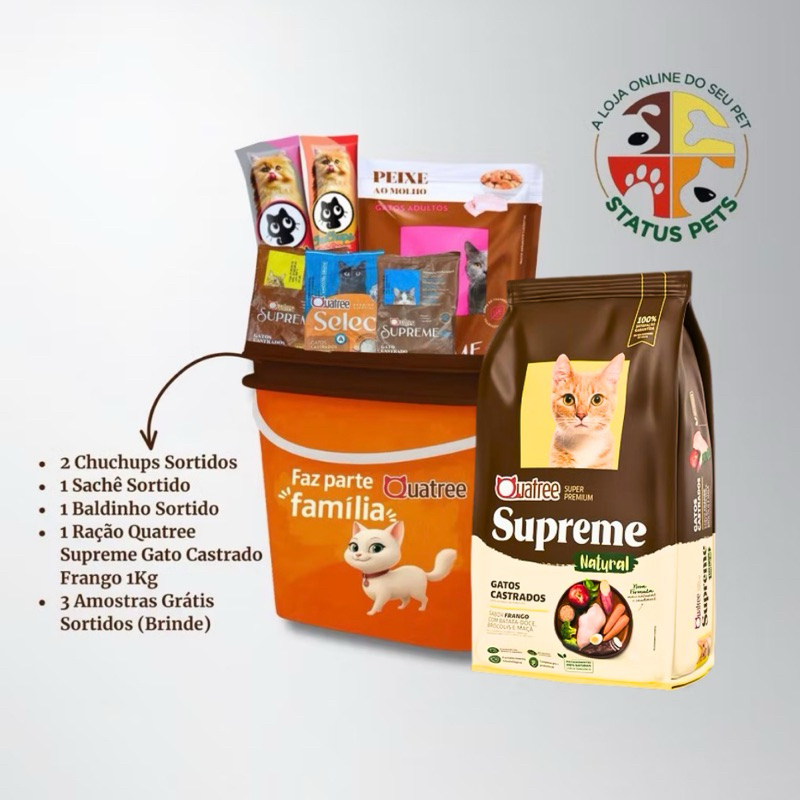 KIT Premium Quatree Supreme Gatos Castrados Sabor Frango + Petiscos + Balde Brinde