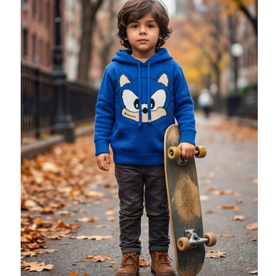 Blusa Tricô Lã Fechada Bolsos Capuz Cordão Removível Barras Caneladas Estampa Sonic.