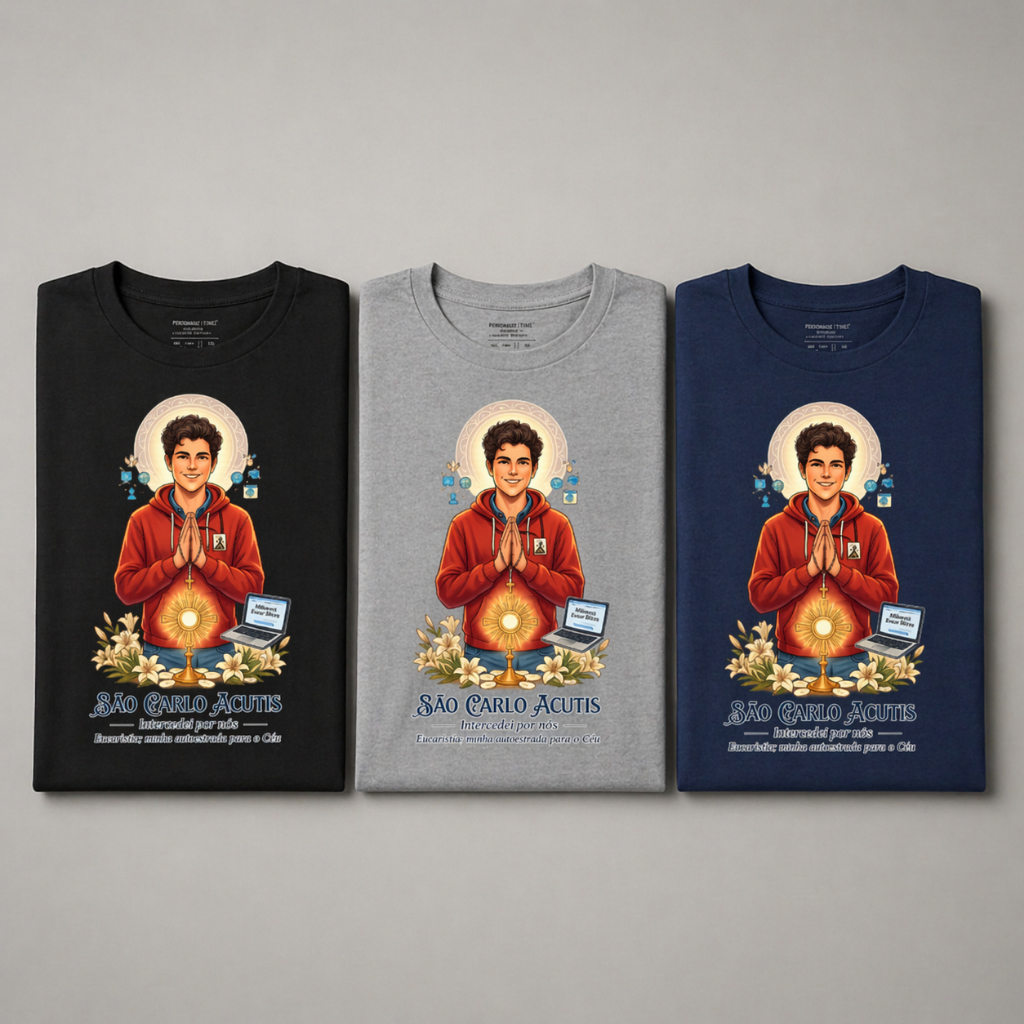Camiseta Católica Carlo Acutis Inspiração Jovem Estilosa Tendência Religiosa Feminina e Masculina