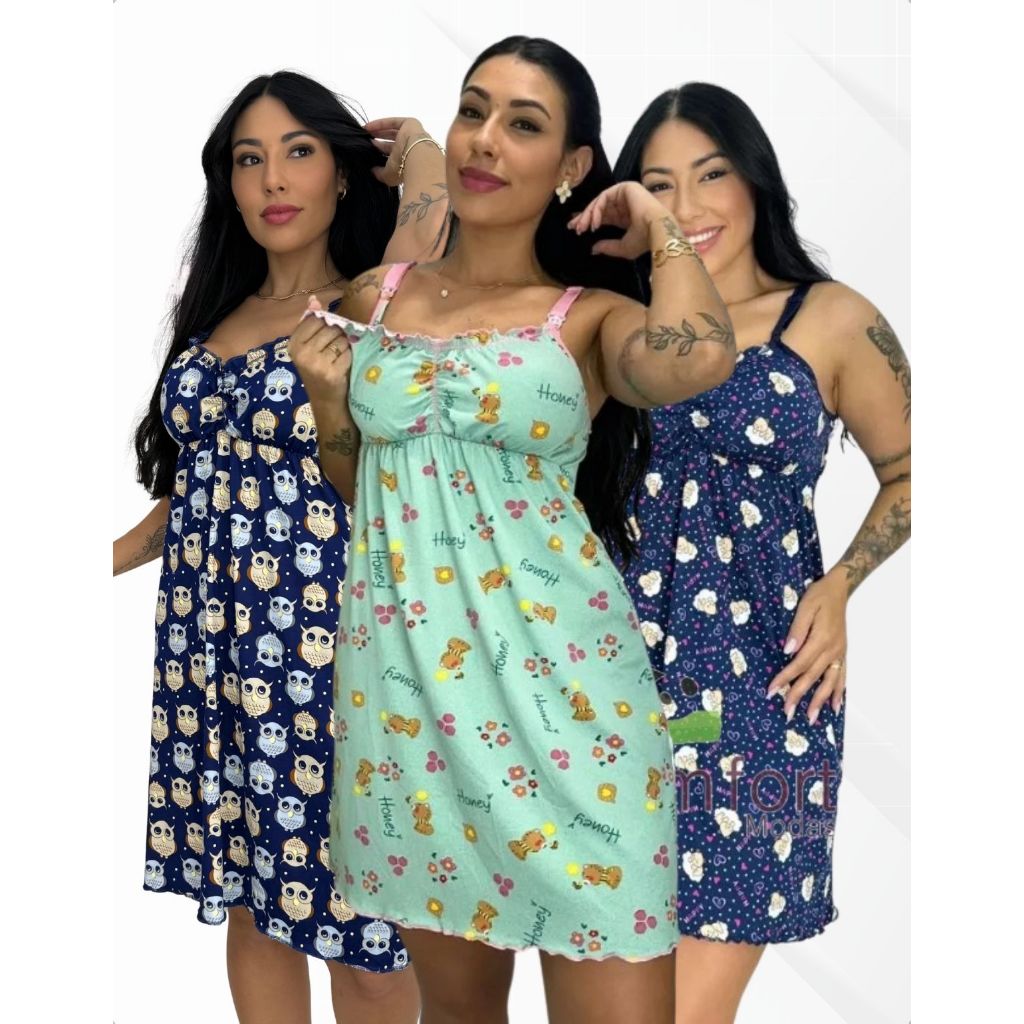 Kit 3 Camisola Amamentação Estampada Confortável Pós Parto Gestante Suede Microfibra Abotoar Alcinha