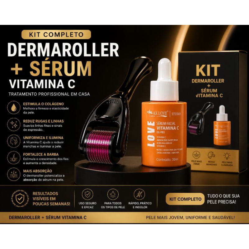 Kit Dermaroller 540 + Sérum Vitamina C | Microagulhamento Facial Profissional | Pele Lisa e Barba Cheia