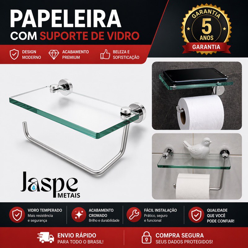 Papeleira Vidro Incolor Porta Papel Higiênico com Prateleira de Vidro Incolor – Dupla Fixação, Alumínio