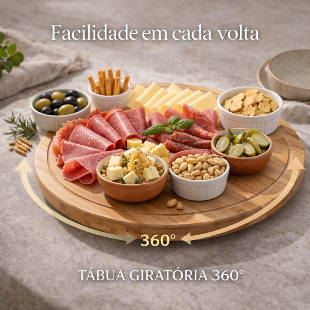 Petisqueira Giratória Bambu 28cm Tábua Frios Bandeja Petiscos Mesa Posta Café da Manhã 360 Decoração