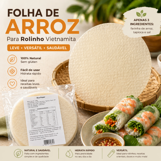 Folha de Arroz Vietnamita 22cm Harumaki 340g - 30 folhas - Papel de arroz sem gluten para rolinhos