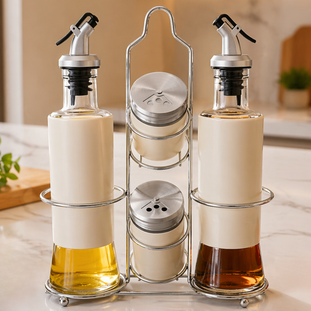 Kit Galheteiro Vidro Azeite e Vinagre com Saleiro Pimenteiro 4 Peças com Suporte Aço Porta Temperos