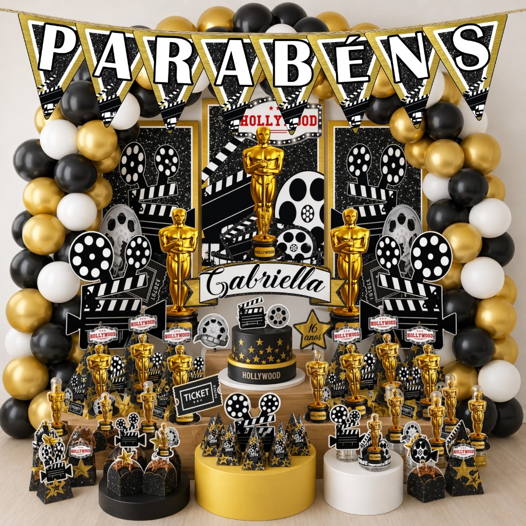 Kit Festa Aniversário Personalizado Hollywood Oscar 78 itens - Decoração Lembrancinhas Cinema