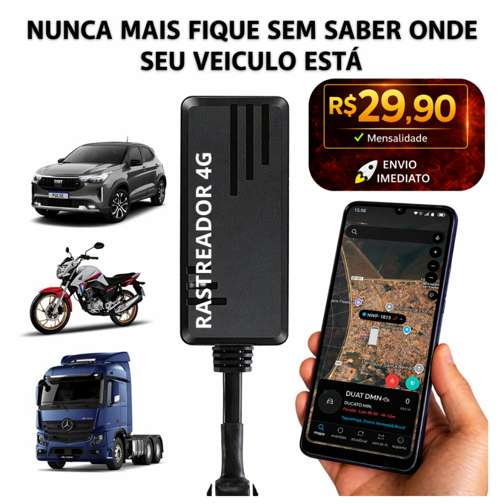 Rastreador Veicular Gps 4G para Carro Moto e Veiculos Eletricos + App Android e Iphone + Bloqueio em Tempo Real+Chip M2M