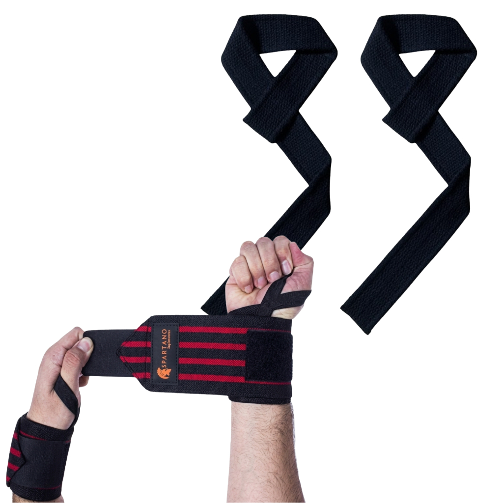 Kit Par Munhequeira Elástica + Par Tala Strap 100% Algodão P/Musculação Academia