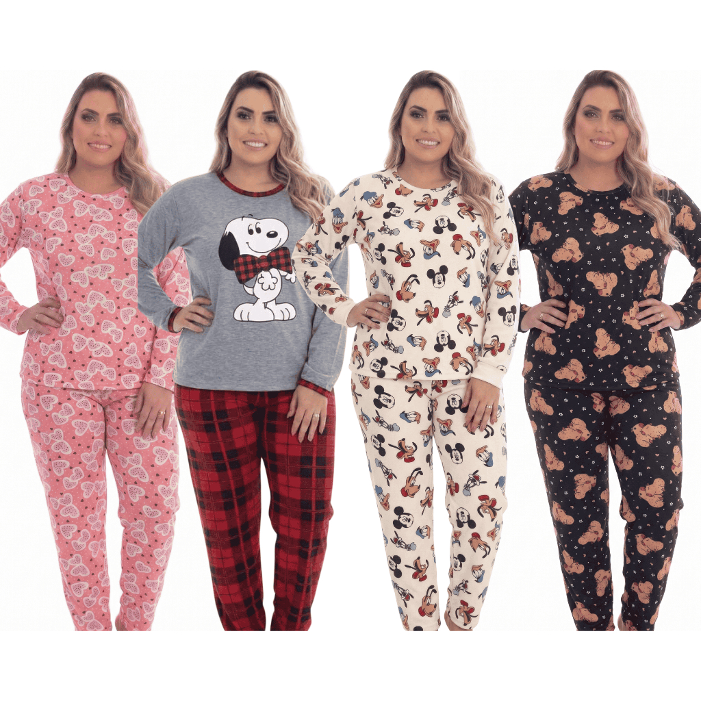 Pijama Feminino Longo Inverno Quentinho Estampado Personagens Plus Size Manga Longa Conjunto