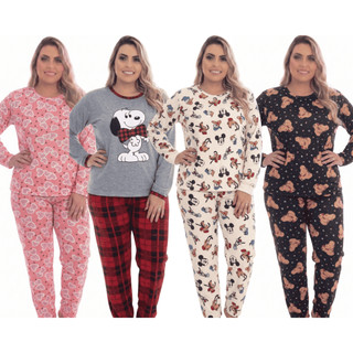 Pijama Feminino Longo Inverno Quentinho Estampado Personagens Plus Size Manga Longa Conju…