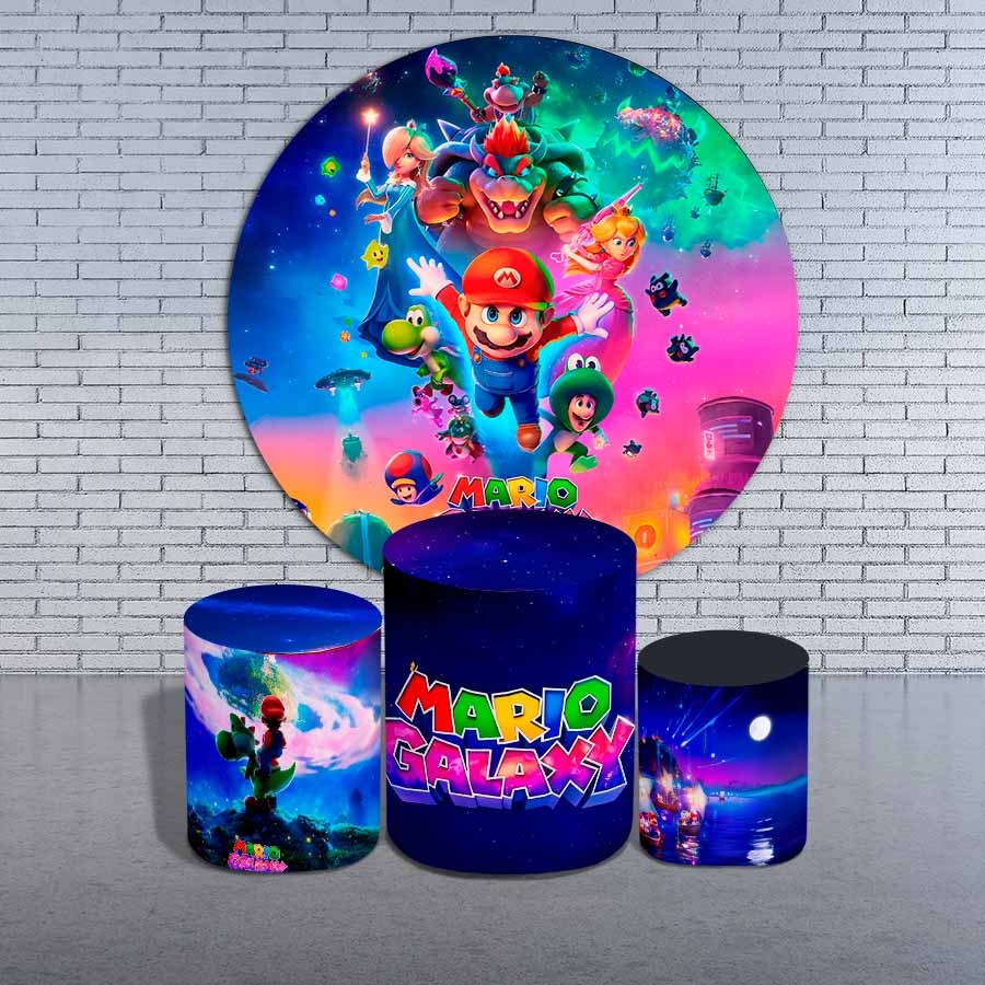 Capas Festivas Painel Redondo Trio De Cilindros Decoração Festa Mário Galaxy Gamer Bibi Painéis