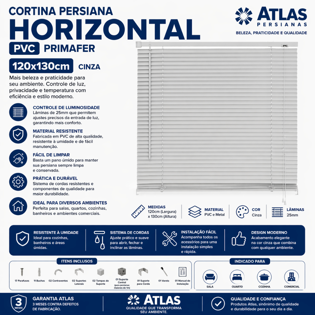 Cortina Persiana Horizontal Plástico PVC 120X130cm Cinza Atlas