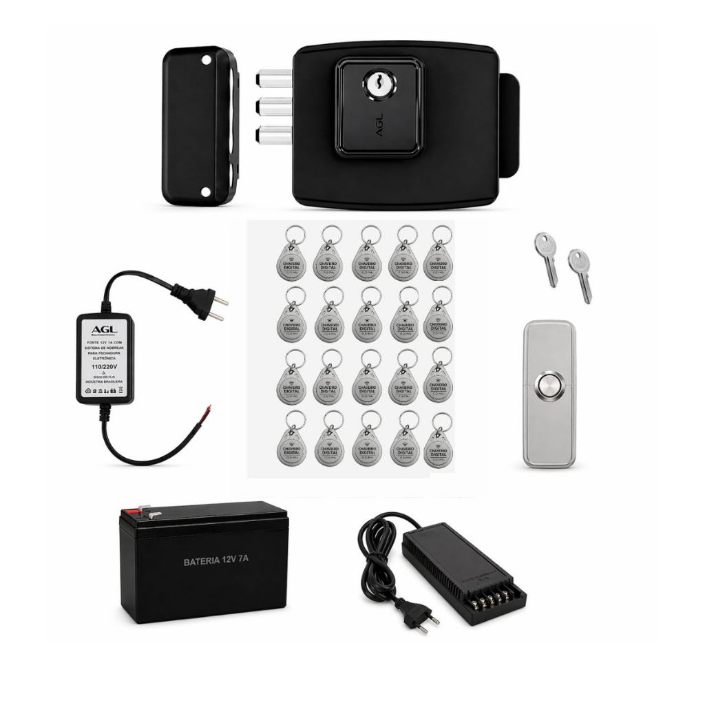 Kit Fechadura Eletrônica 20x Chaveiro Botoeira Bateria Fonte Nobreak 13,56Mhz 12V Ultra Card AGL