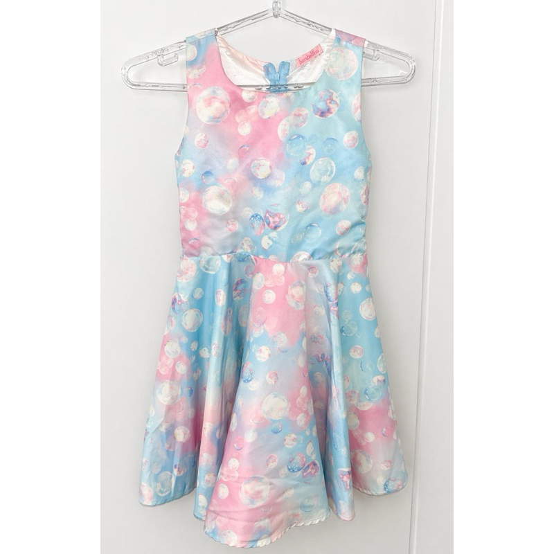 Vestido infantil festa luxo tamanho oito bombollina azul e rosa rodado bolhas