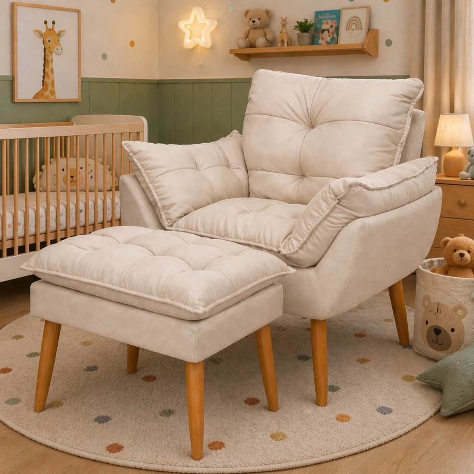 Kit Poltrona e Puff Bege Suede Decorativo Amamentação Pés Palito Fibra de Silicone — imagem 1