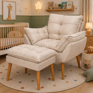 Kit Poltrona e Puff Bege Suede Decorativo Amamentação Pés Palito Fibra de Silicone - Sentta Furniture