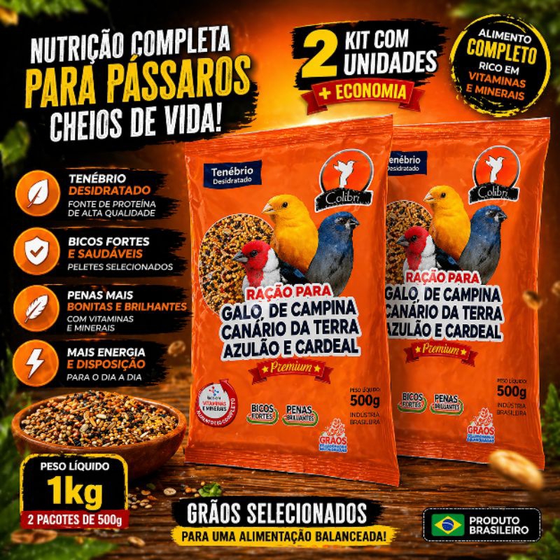 Ração Galo de campina, azulão, cardeal com tenébrio desidratado 1kg ração Premium Com 2 unidades