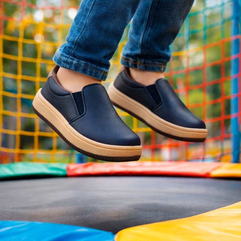 Tênis Infantil Masculino Slip On Bege Azul e Preto Casual Confortável Macio Leve Estiloso Calce Fácil Lindy Kids Store