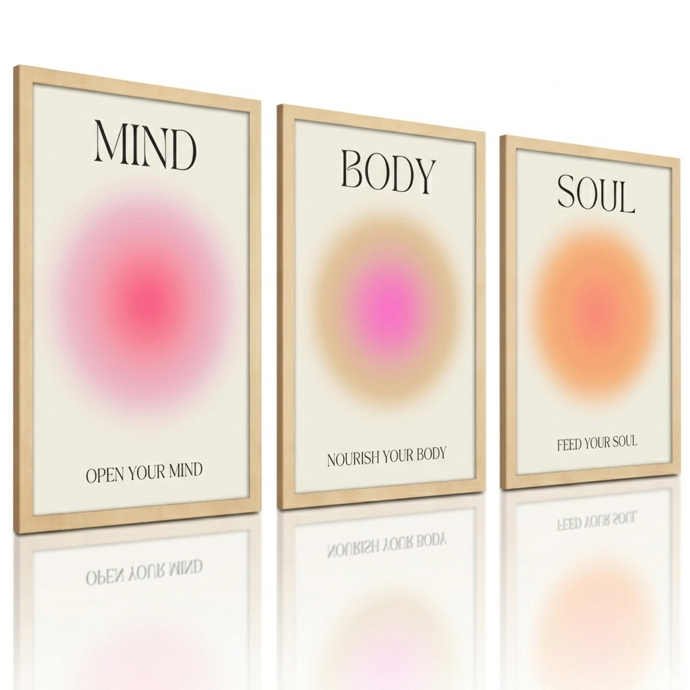 Imagem Kit Quadros Decorativos Mente Corpo Alma Jade -3 Peças MDF | Painel Aura Energia Espiritual Sala Quarto Parede Moderna