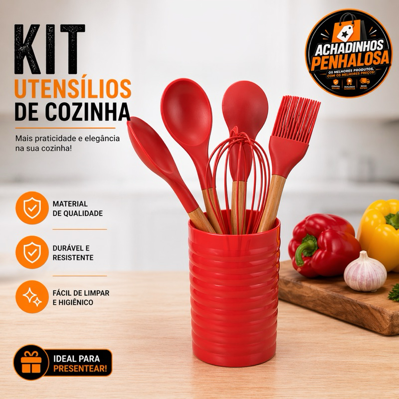 Kit Utensílios de Cozinha Silicone 6 Peças com Suporte – Antiaderente Cabo de Madeira Resistente