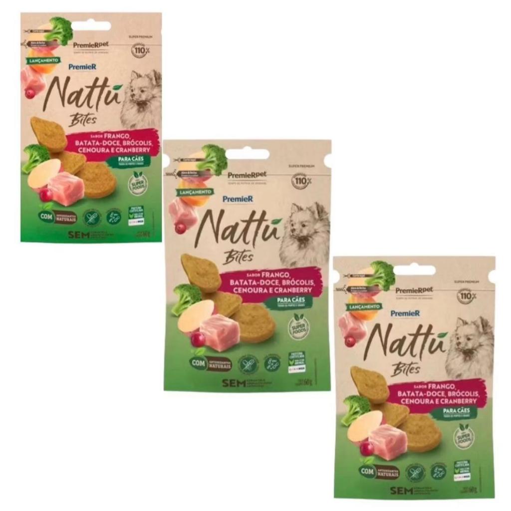 Kit com 3 Petiscos Premier Nattu Bites Frango , Batata doce, Brocolis, Cenoura etc val 10/2026