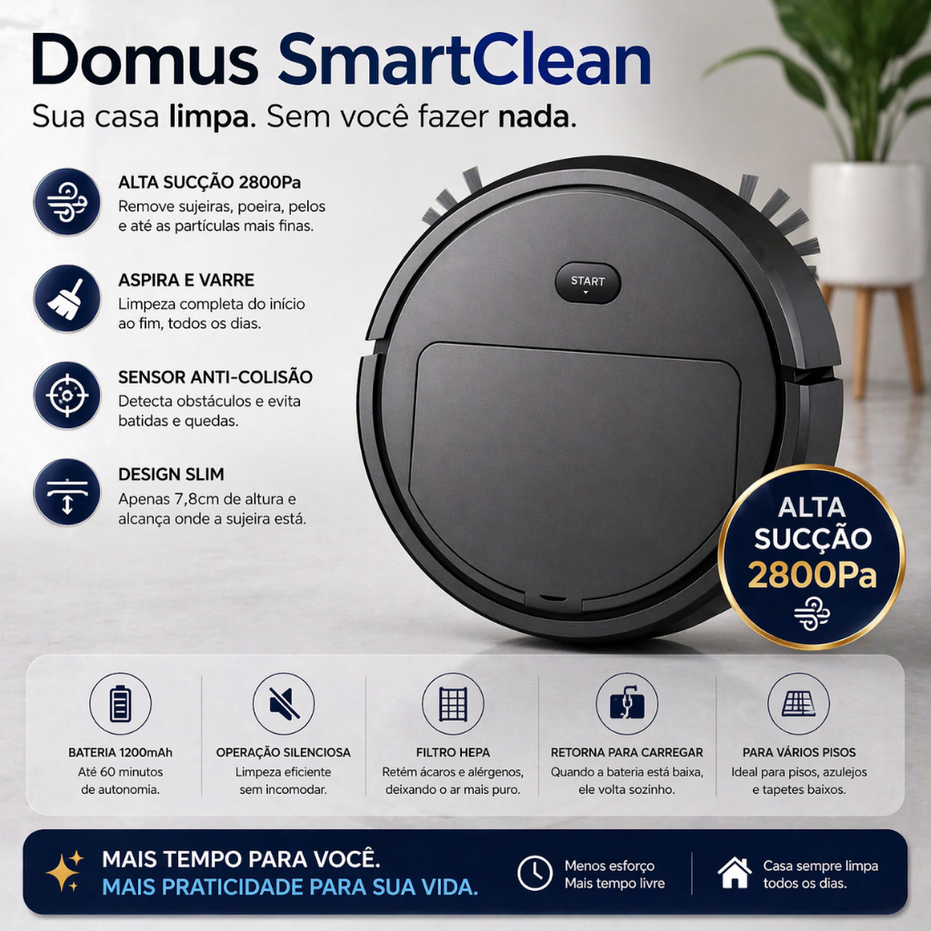 Robô Aspirador Inteligente Domus SmartClean 2800Pa Sem Fio Sensor Anti-Colisão Limpeza Automática
