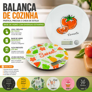 Balança de Cozinha Digital 5kg Touch – Base de Vidro Estampada + Pilha Inclusa