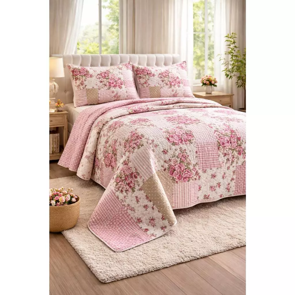 Cobre Leito Casal Padrão Colcha Casal 2,40m x 2,20m Tecido Premium 3 Peças Matelado Ultrassonico — imagem 1