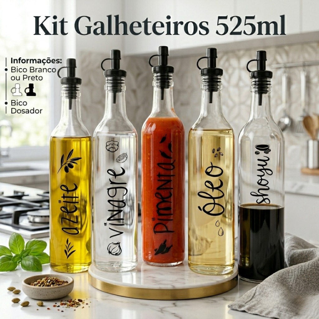 Galheteiro Escolha Unitário ou conjunto com Bico Dosador – Branco ou Preto, para Azeite, Vinagre, oleo