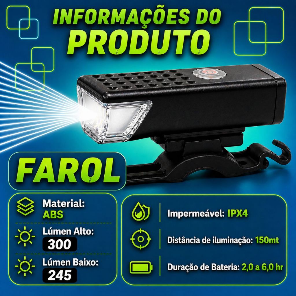 Farol Lanterna Bike Velocimetro com Fio Bicicleta Iluminação Recarregavel USB — imagem 2 de 2