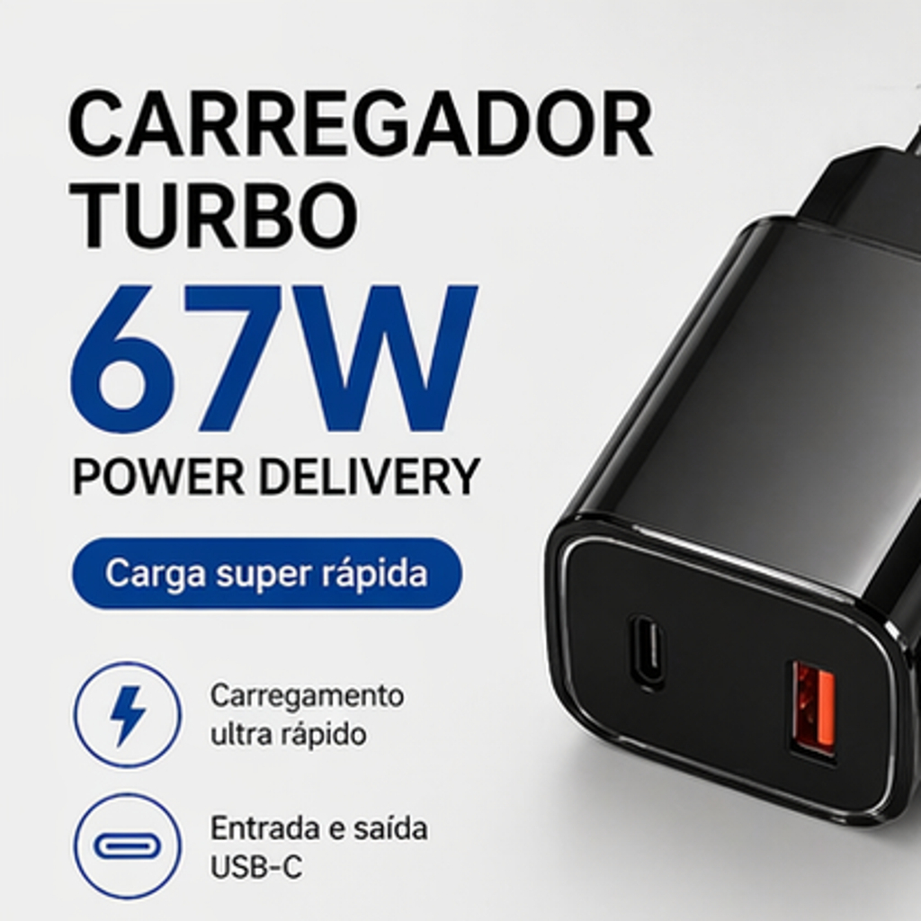 Carregador Turbo 67W Ultra Rápido + Cabo V8 Micro USB | USB-C + USB-A Power Delivery Dupla Saída USB