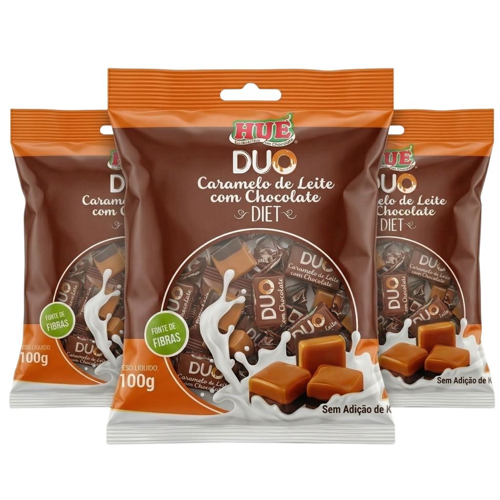 Bala Duo Caramelo de Leite com Chocolate Diet Hué Sem Glúten Pacote 100g kit 3 und