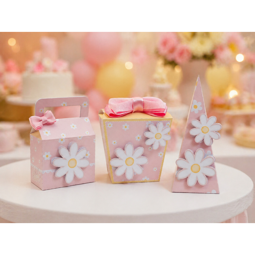 PEGUE E MONTE - Kit Festa Margaridas Rosa Luxo | Caixinhas Personalizadas Aniversário Infantil Feminino