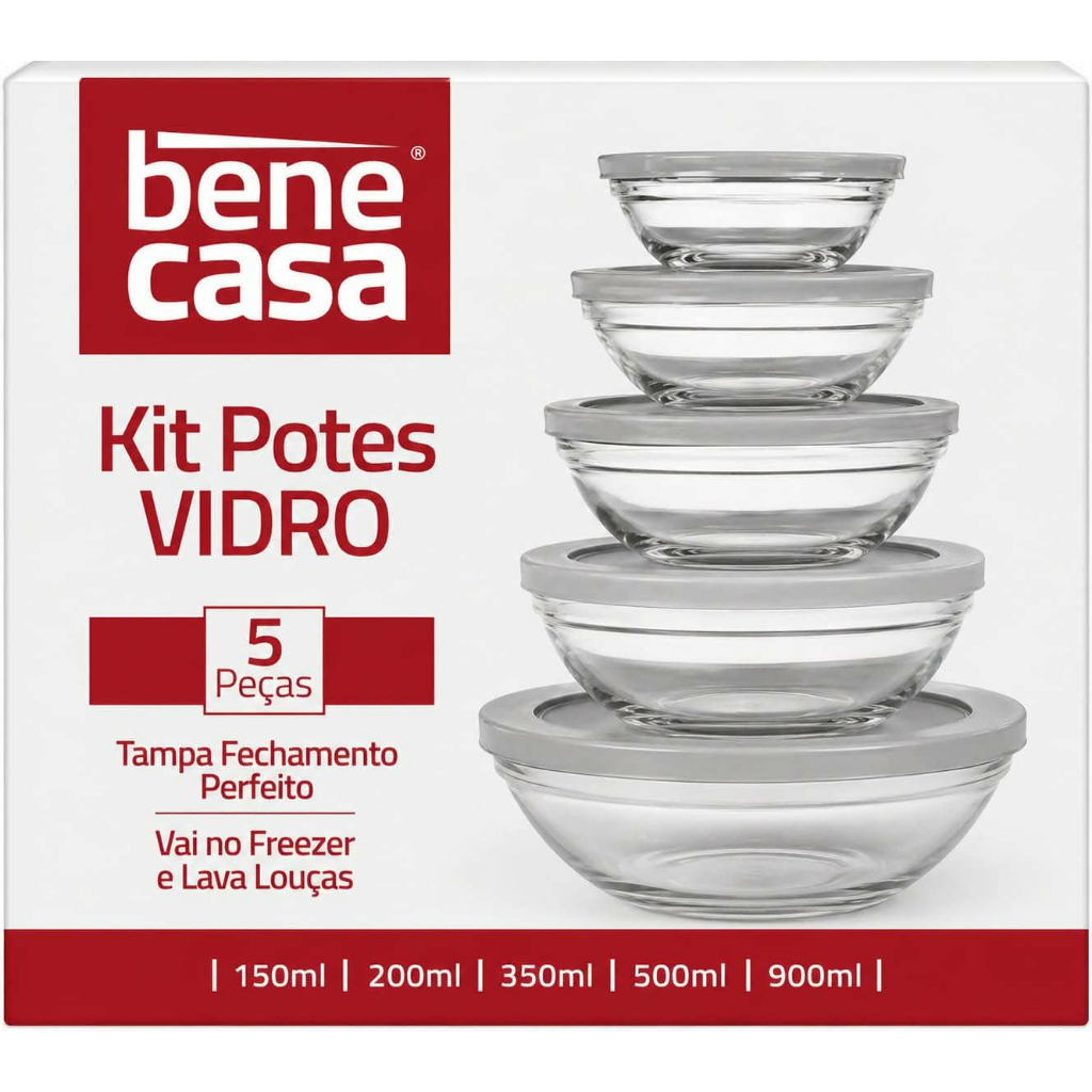 KIT POTES DE VIDRO COM TAMPA 5 PEÇAS TAMPA COM FECHAMENTO VAI NO FREEZER E LAVA LOUÇAS..