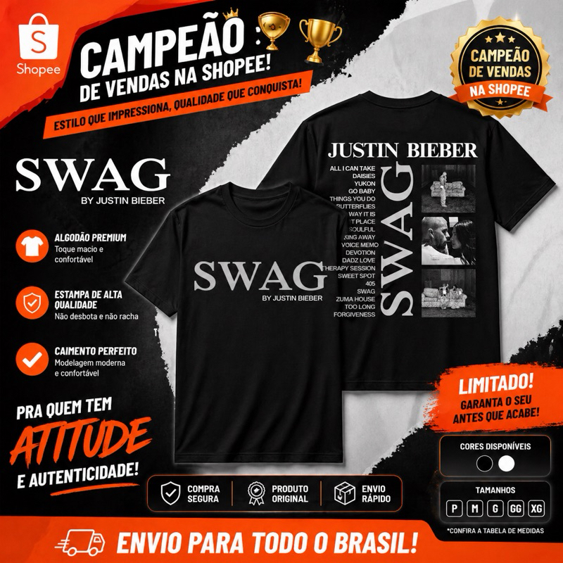 Camiseta Justin Bieber SWAG | 100% Algodão | T-shirt Justin Bieber