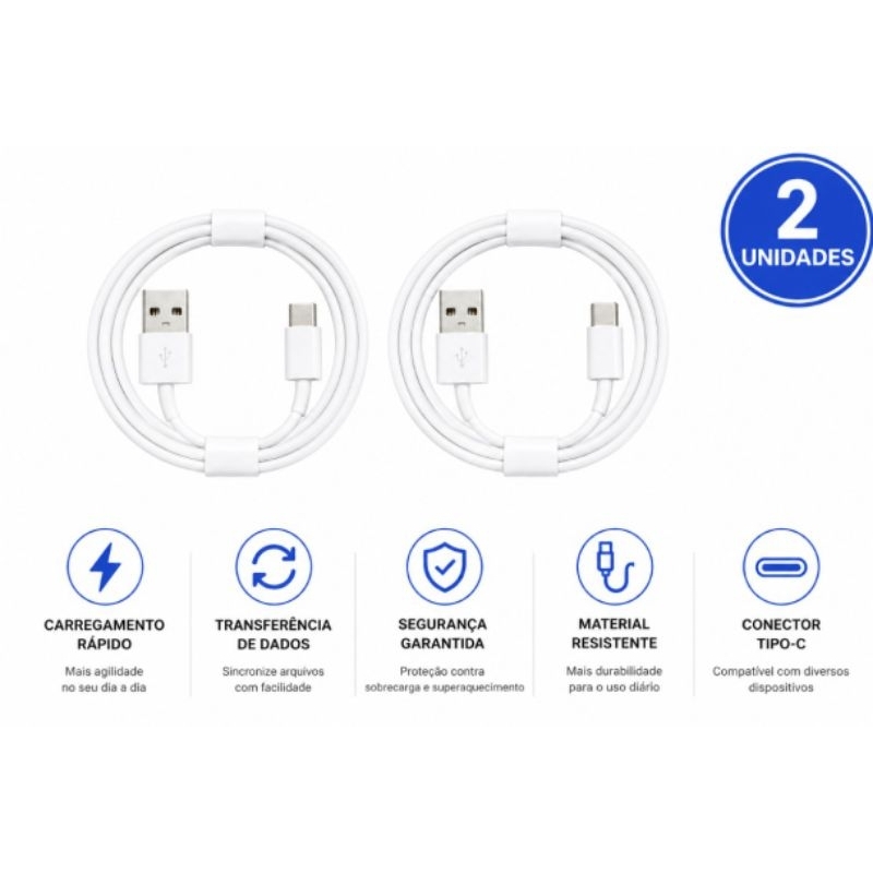 Kit 2 Cabos Tipo C para USB Compatível iPhone 15 16 17 ProMax S24 S25 Reforçado Rápido Android 1m