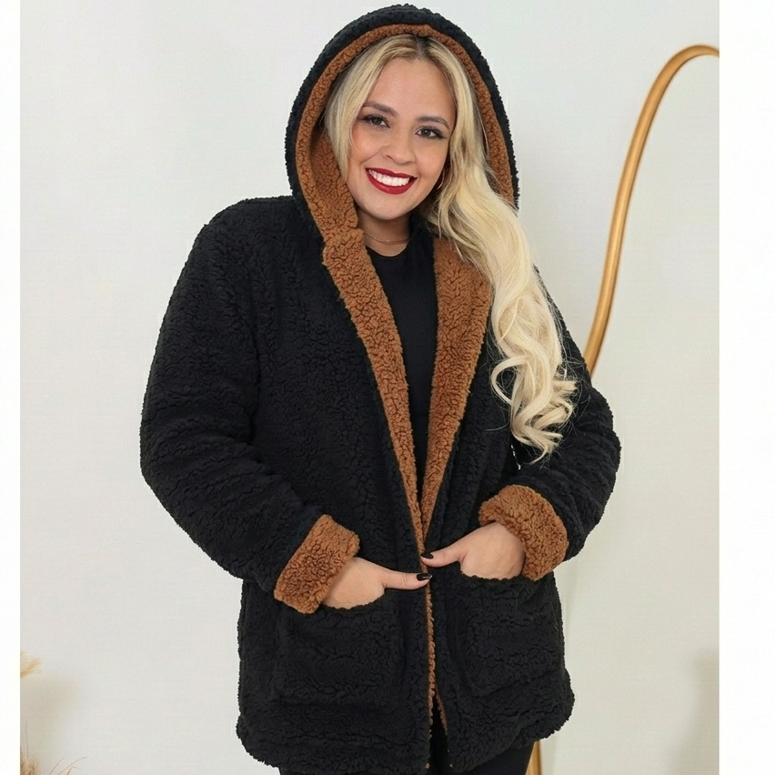 Casaco Teddy Feminino Dupla Face com Capuz Inverno 2026 Quentinho com Bolsos Funcionais