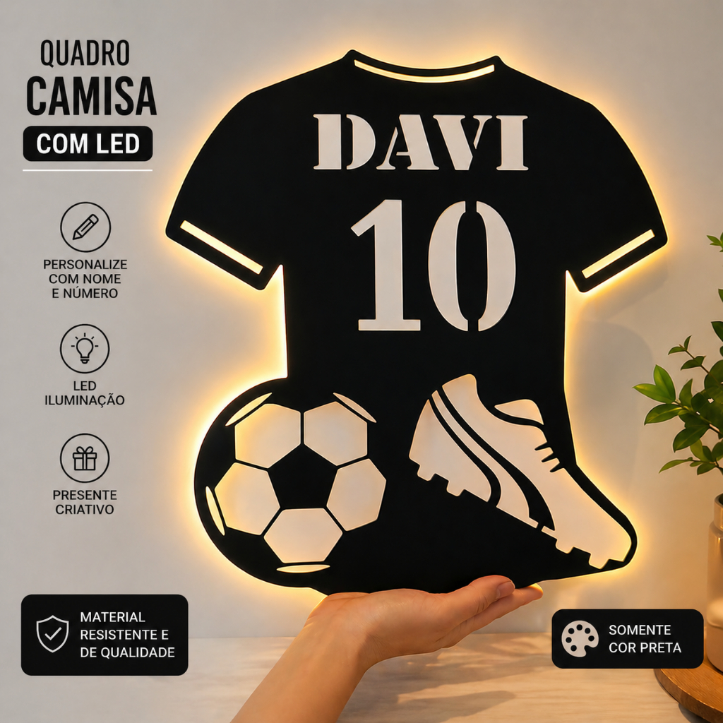 Quadro Camisa de Futebol Personalizado com Nome em MDF Decoração Quarto LED Presente Criativo