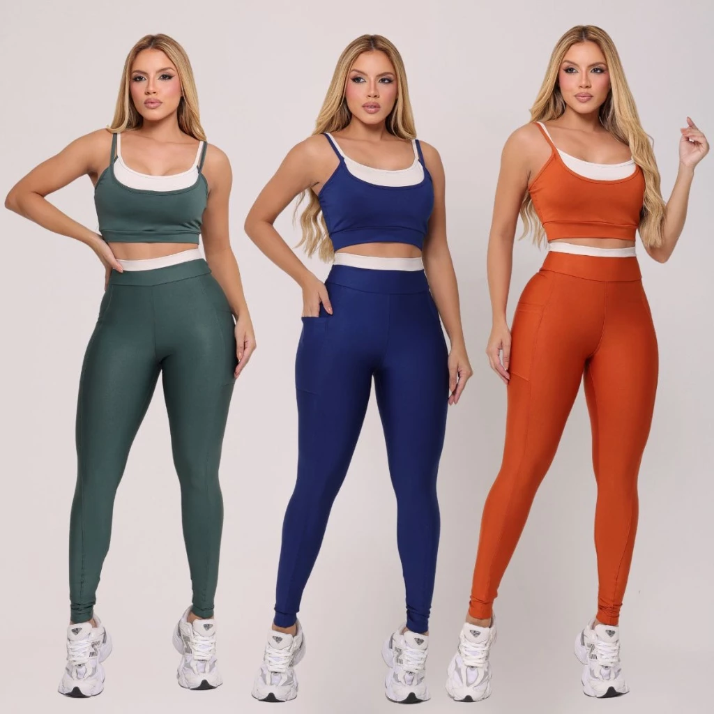 Conjunto Fitness Bicolor Top e Calça Legging com Bolso Feminino Academia Cintura Alta Compressão — imagem 1