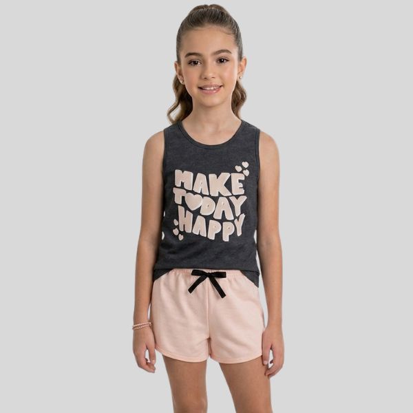 Conjunto Infantil Menina Regata Estampada Shorts Algodão Confortável Verão Casual Preto Mescla