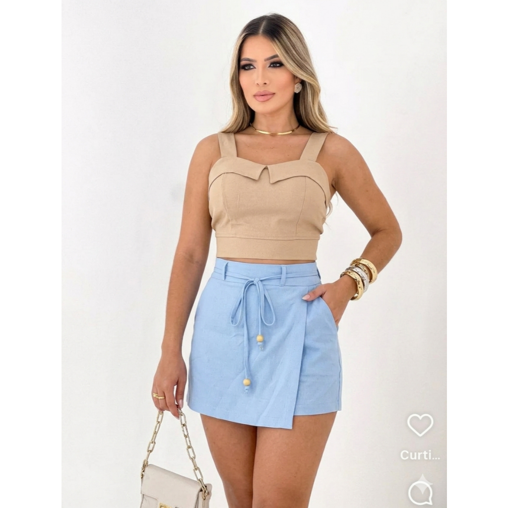 Short Saia Feminino Cintura Alta Com Bolsos E Cinto Linho Premium- Verão 2026   Promoção Limitada