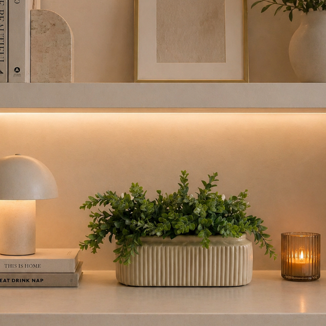 Vaso Decorativo em Cerâmica Floreira G Off White com 4 Arranjos de Folhagem Artificial p/ Decoração