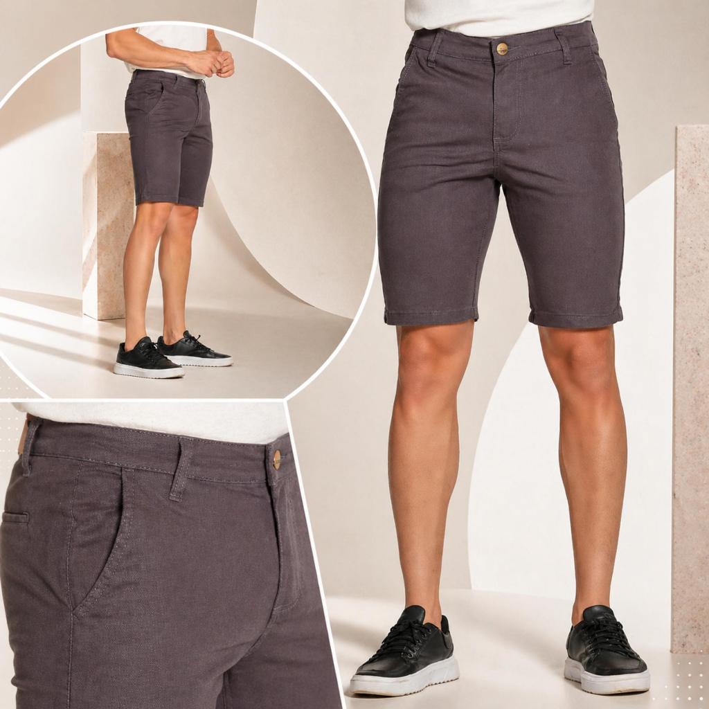 Bermuda Masculina Sarja Alfaiataria Slim Esporte Fino Social com Elastano Bolso Embutido Casual