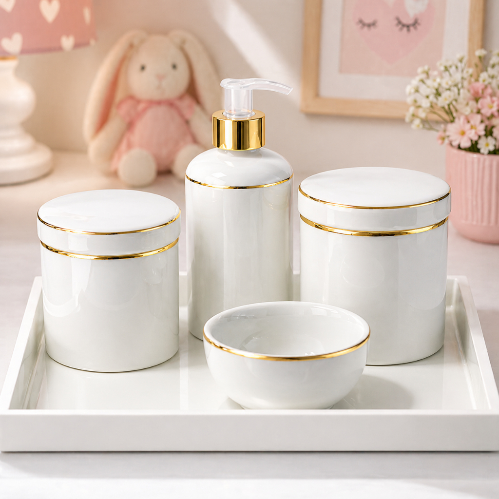 Kit Higiene Bebê 4 Peças + Bandeja MDF Peças Porcelana Detalhe Ouro Astro Cerejeira